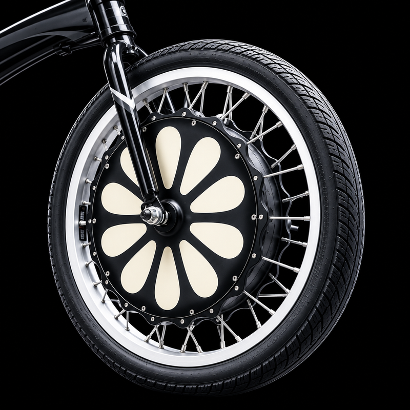 All-in-one e-bike conversion wheel fitted to a bicycle front fork, with motor and battery integrated into the hub