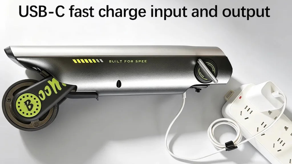 P.wheel bike booster connected to a USB-C charger, illustrating fast charging input and output