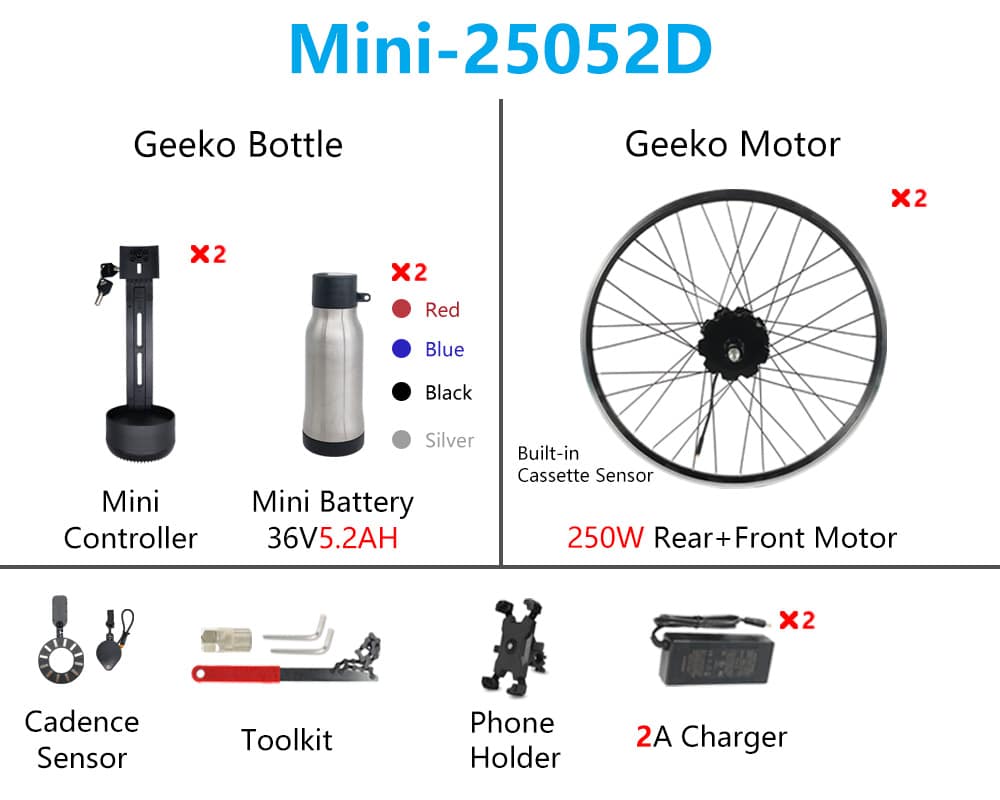 umbausatz e fahrrad 100G Geeko E-Bike-Umrüstsatz mit Doppelmotor und Doppelbatterie – DIY E Bicycle