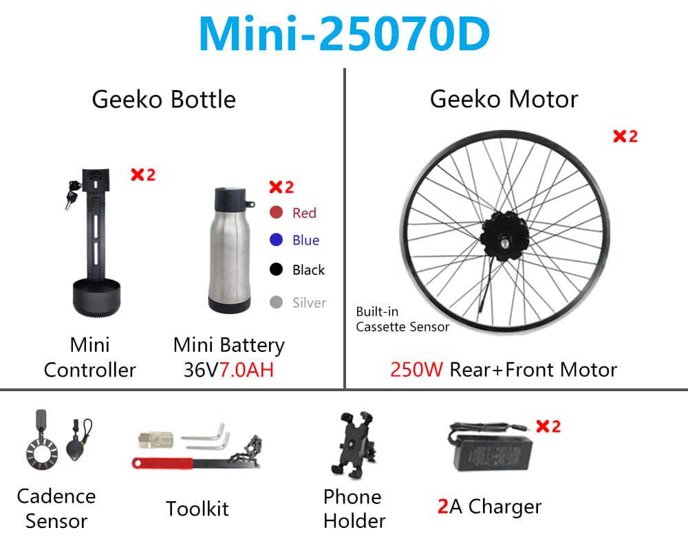„Geeko“ dviejų variklių elektrinio dviračio konversijos rinkinys