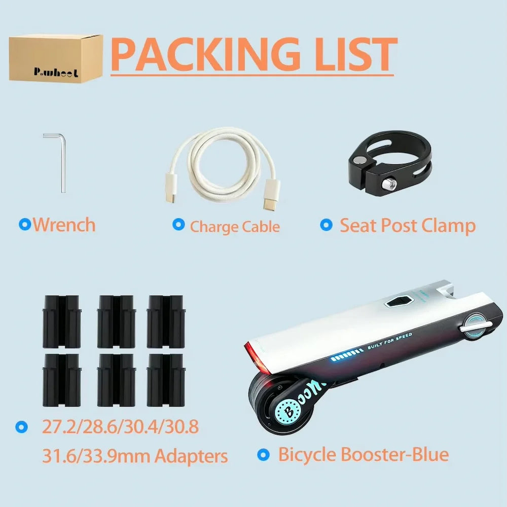 P.wheel bike booster packing list showing the unit, USB-C cable, seatpost clamp, six adapters and hex key