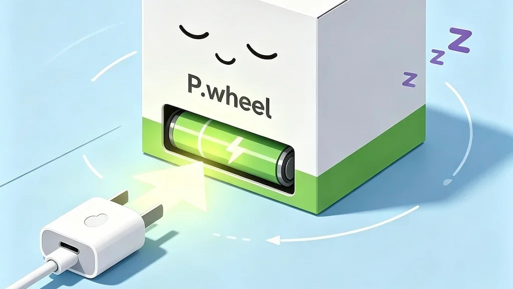 Illustration of P.wheel shipping and storage mode, with a sleeping package, battery symbol and USB-C charger