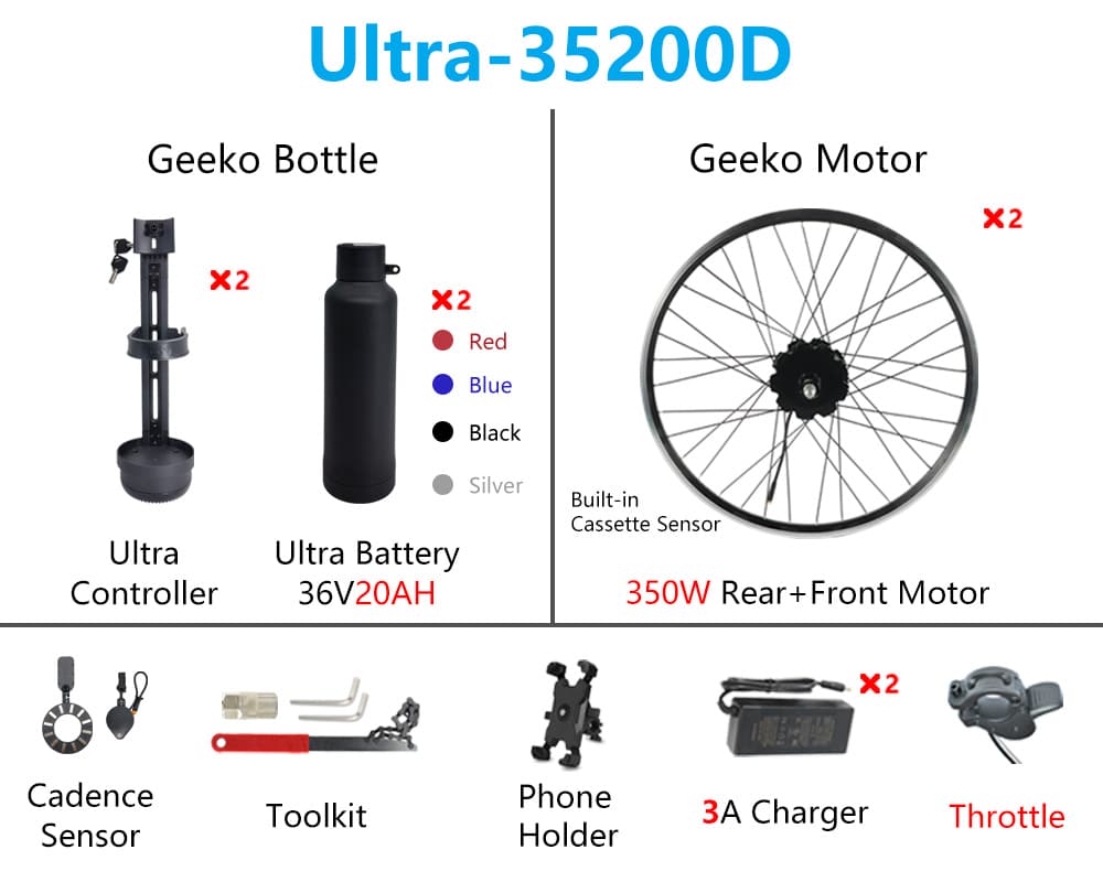 „Geeko“ dviejų variklių elektrinio dviračio konversijos rinkinys